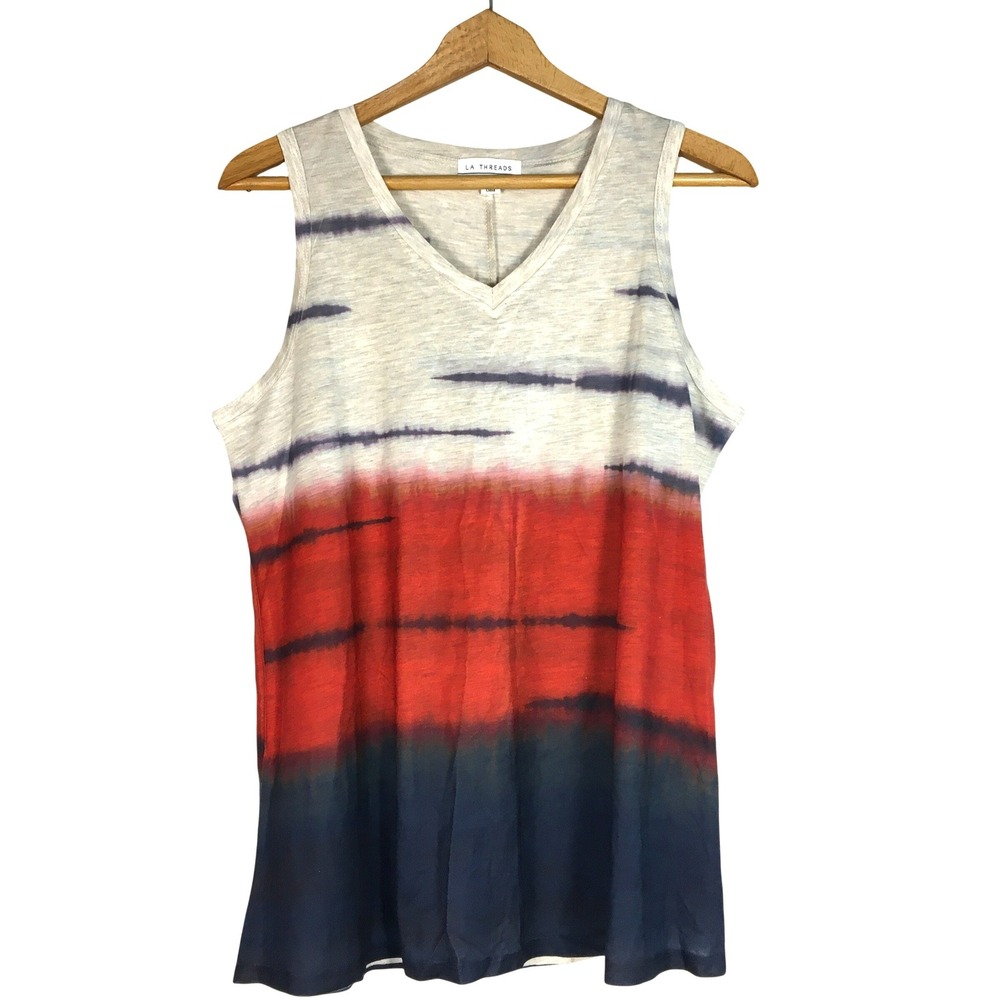 LA THREADS Ombre Tie Dye Tank Top‎ V Neck Sleeveless Red Blue Cream Size M